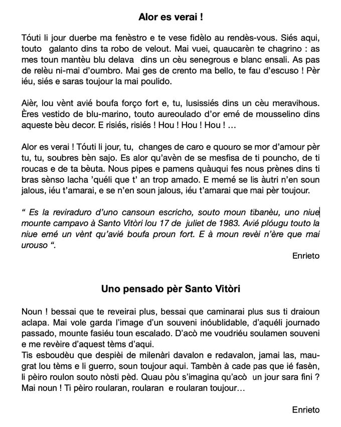 RECIT D'ENRIETO : (ALOR ES VERAI ! - UNE PENSADO PÈR SANTO VITÒRI)
